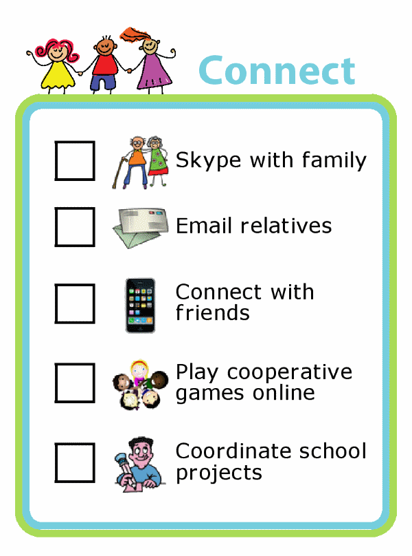 Picture checklist with ideas for using screentime to connect with family