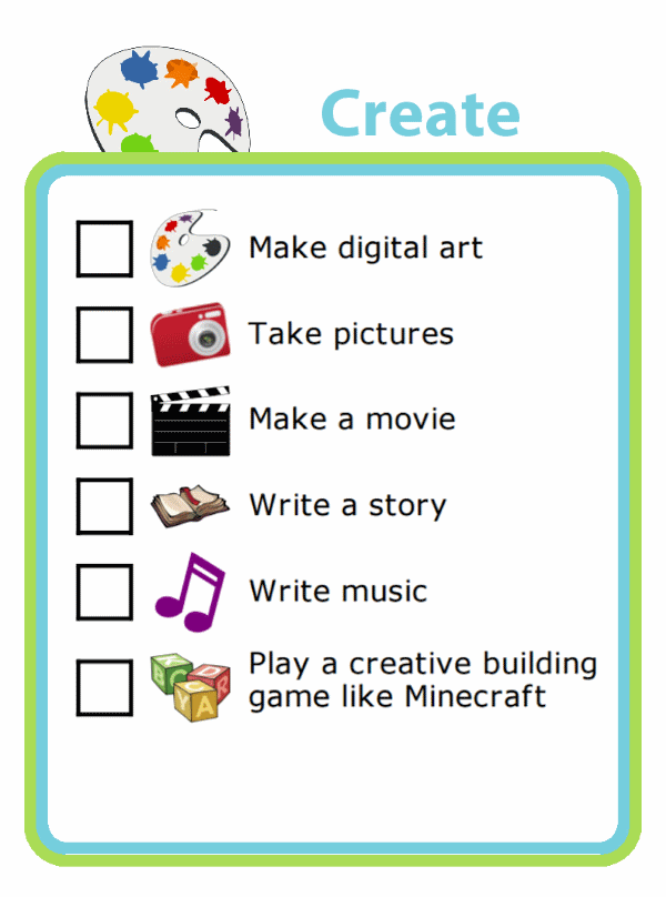 Picture checklist with ideas for using screentime for creativity