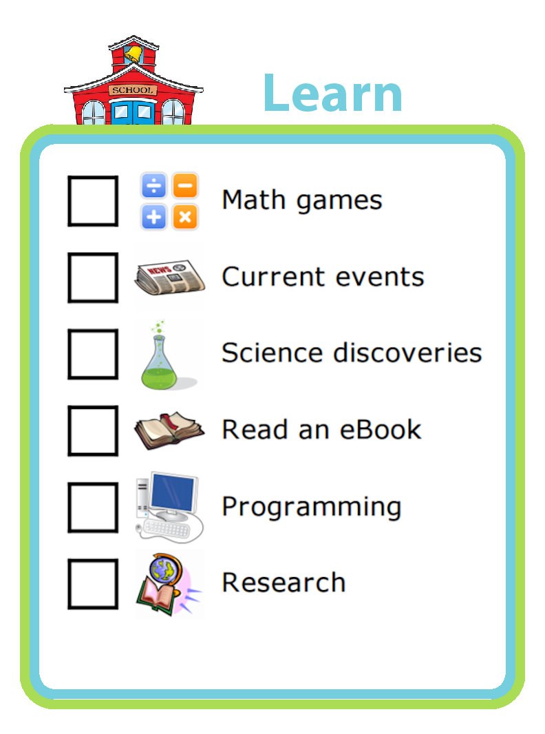 Picture checklist with ideas for using screentime for learning
