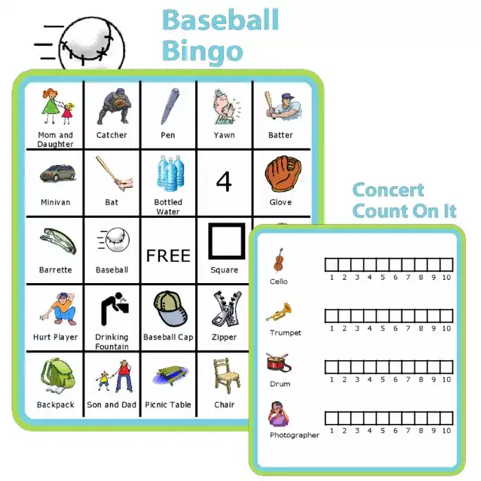 Printable  activities: Baseball BINGO and concert counting game