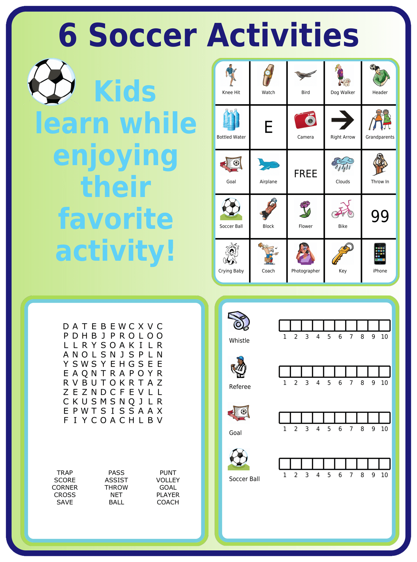 Printed soccer activities: bingo, word search, count on it