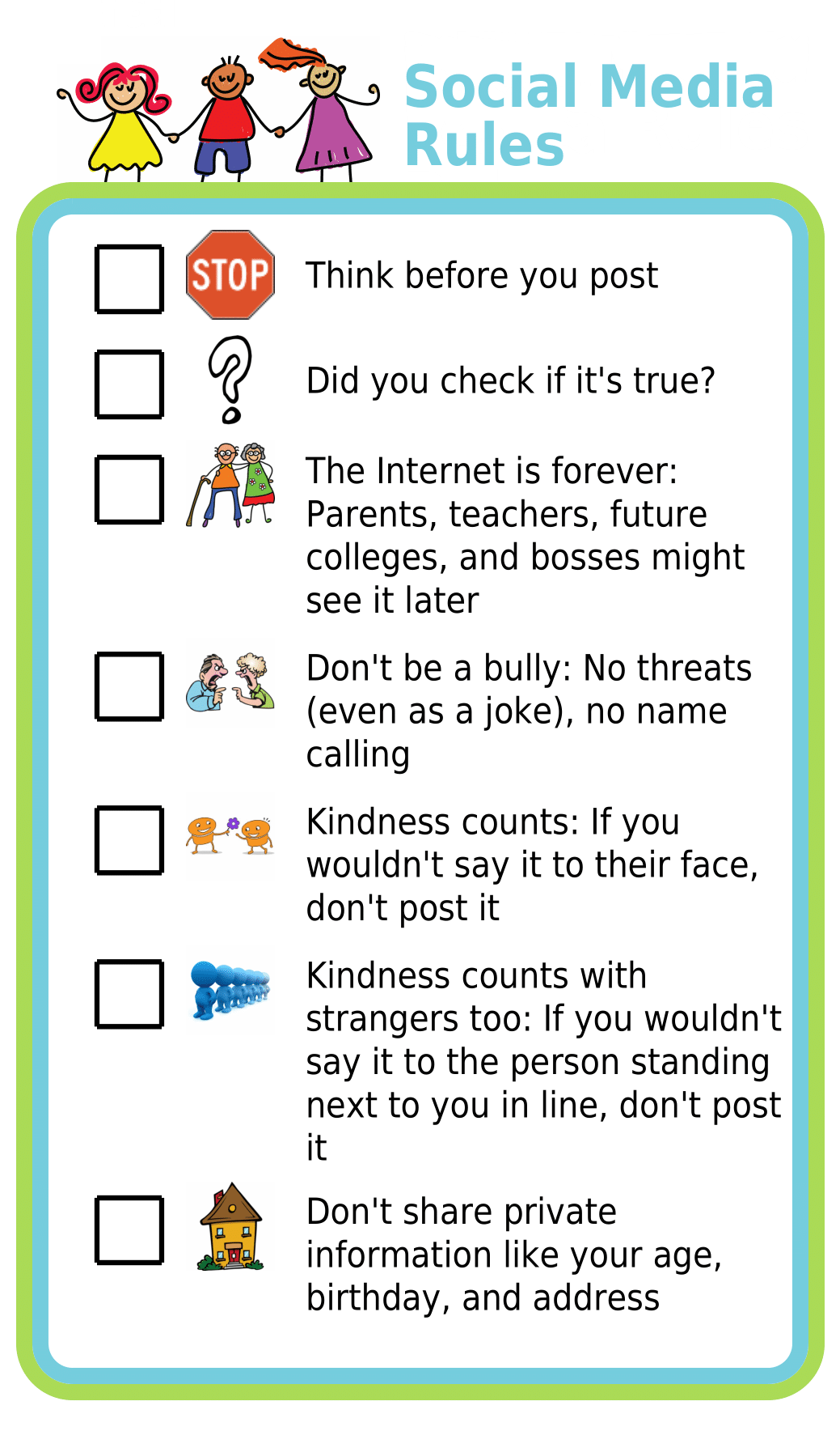 Picture checklist showing social media rules