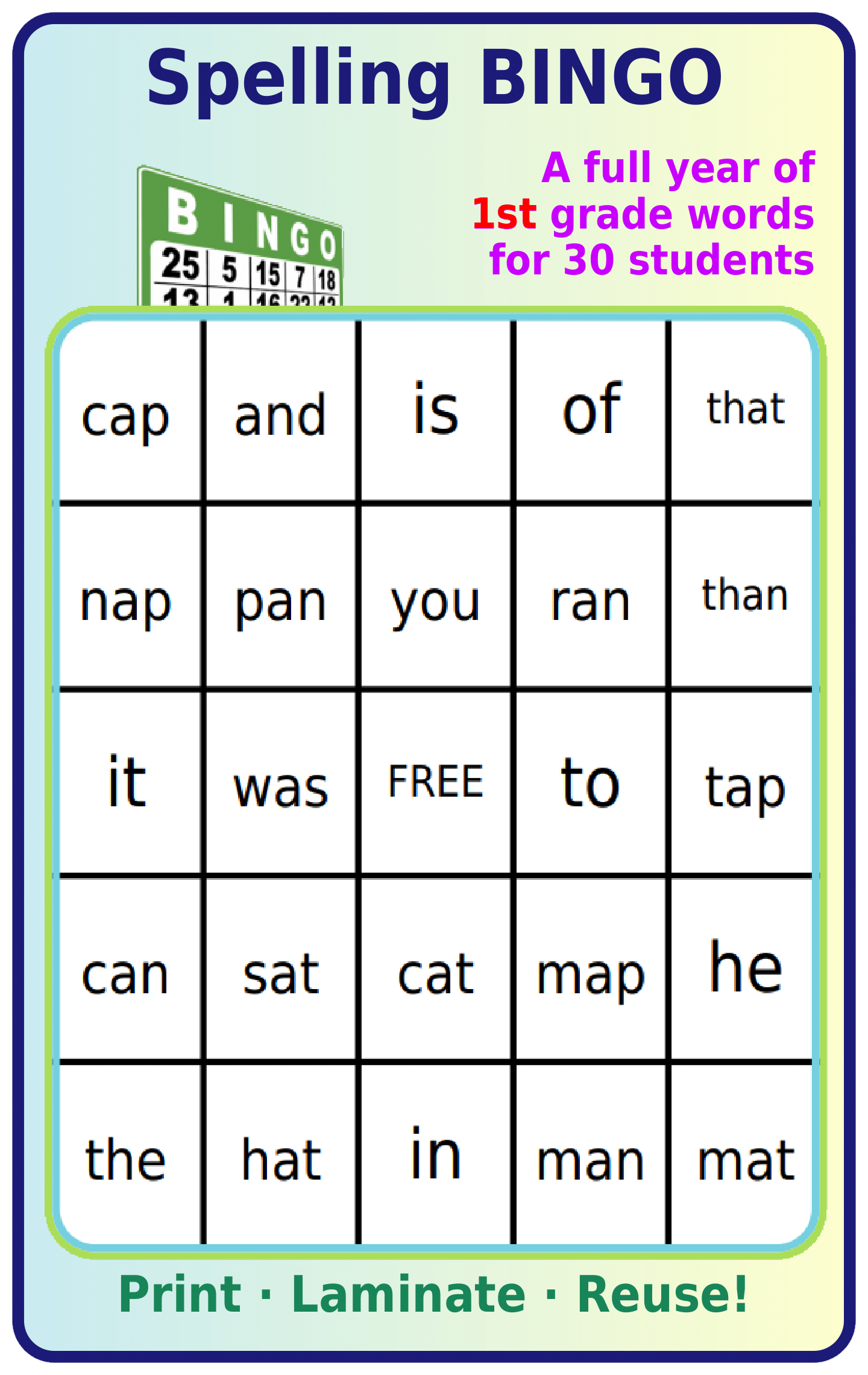 Bingo board with 1st grade spelling words