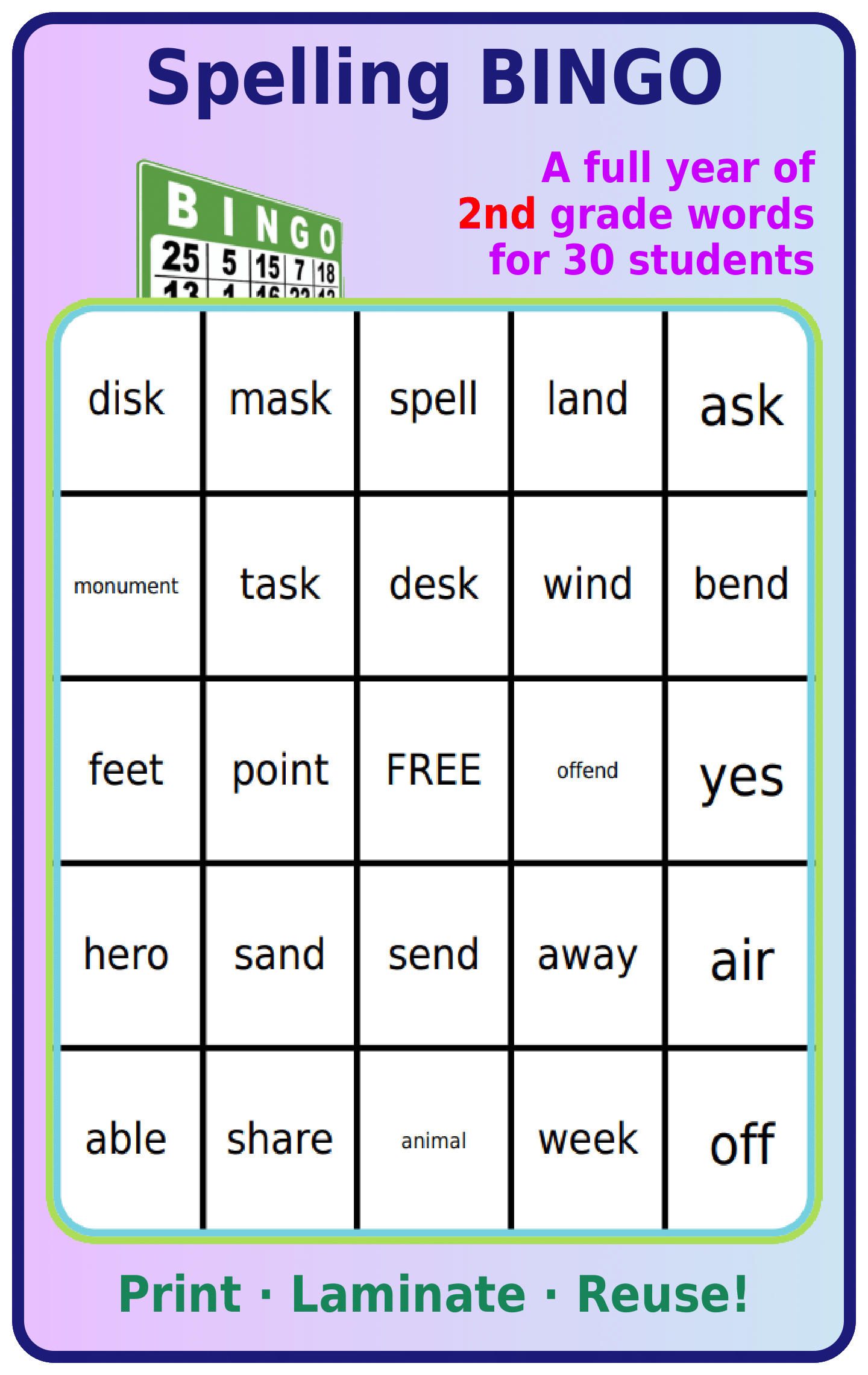 Bingo board with 2nd grade spelling words