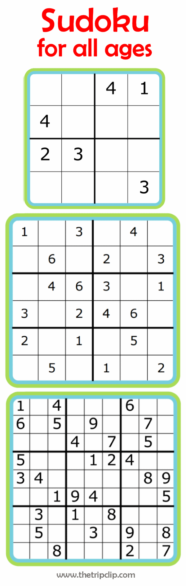 Easy sudoku for kids 4x4, 6x6, 9x9