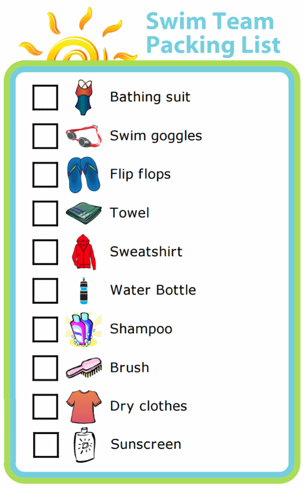 Picture checklist for making swim team packing list