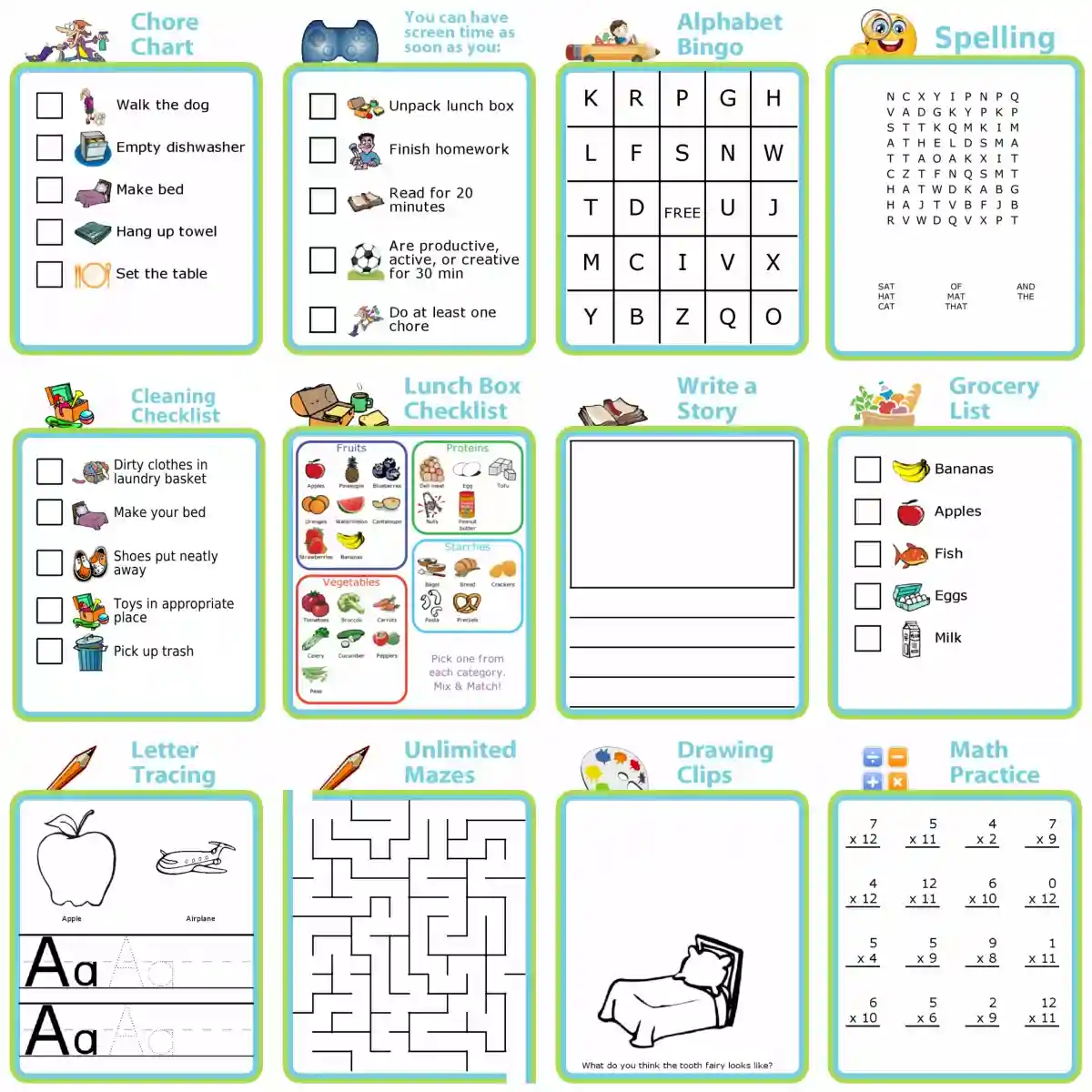 12 printable activities: picture checklists, bingo, letter tracing, mazes, word search, math practice, coloring, writing, crosswords, license plate game