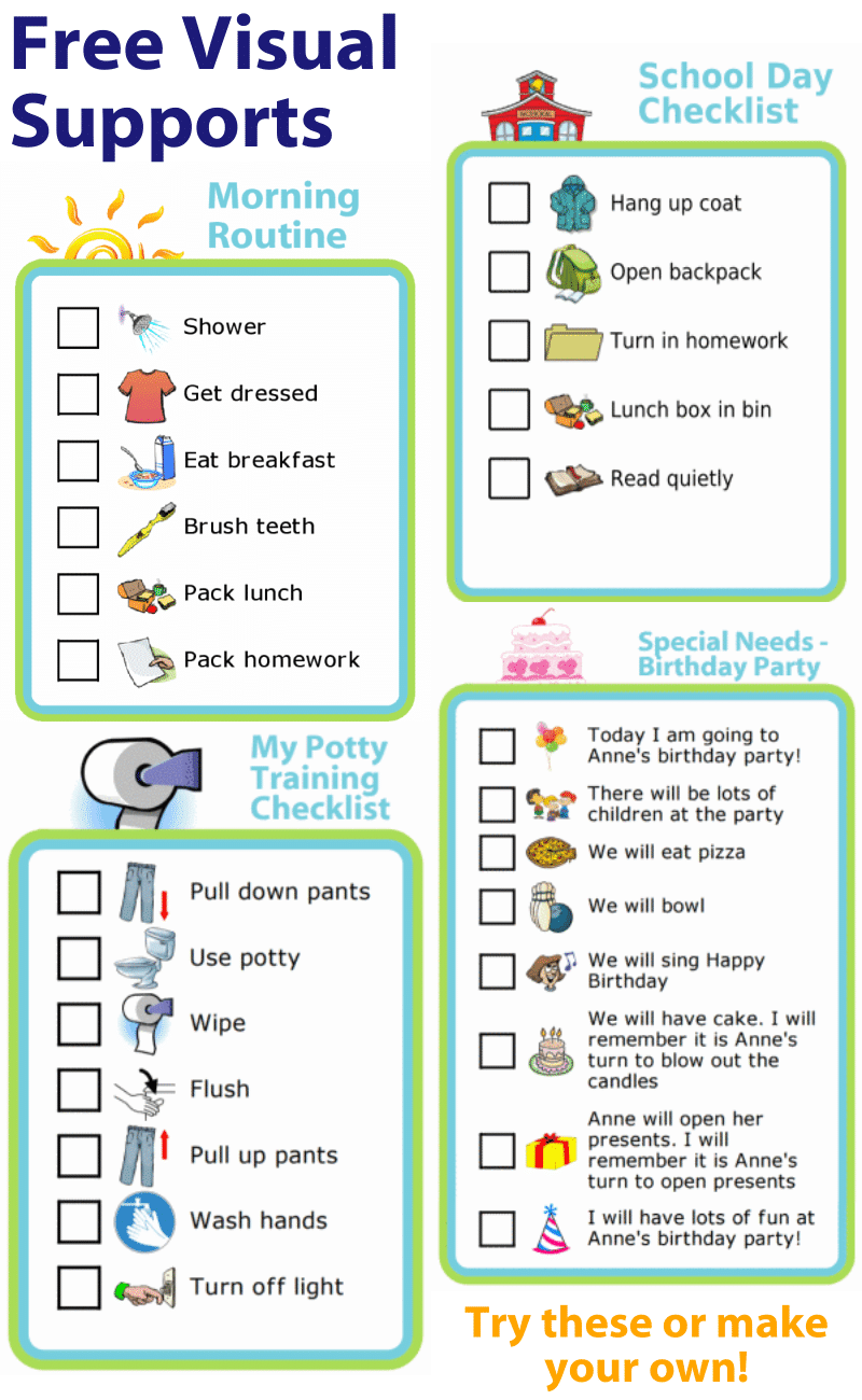 Make your own special needs checklists - how to shower, school schedule, hook & loop morning routine