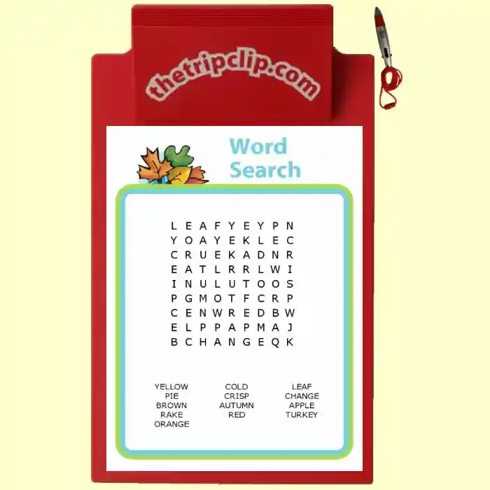 Printable wordsearch activity on a kid-sized clipboard with attached pen
