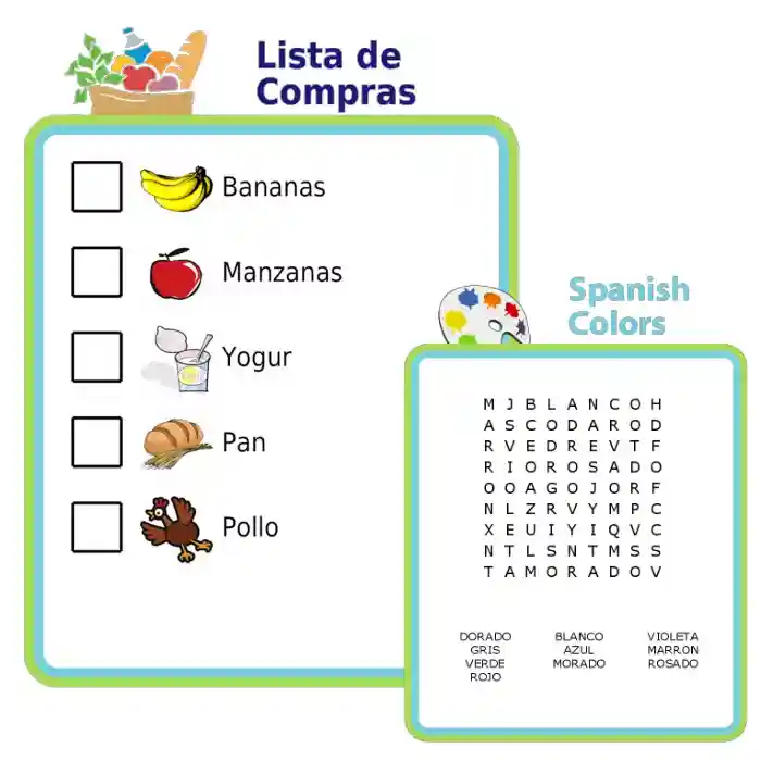Activities to practice a foreign language - grocery list, cyrptogram, word search, slug bug, bingo