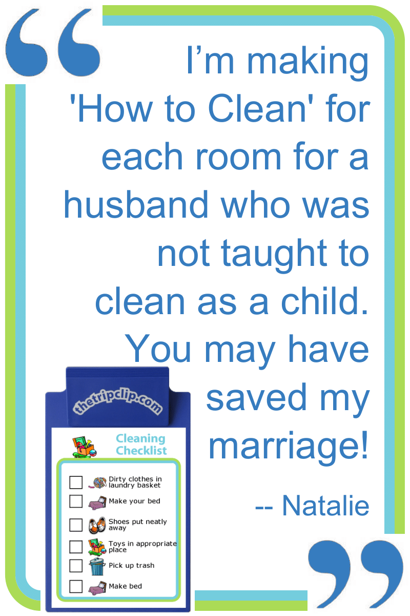 Positive review from a customer (Natalie) who made cleaning checklists for her husband