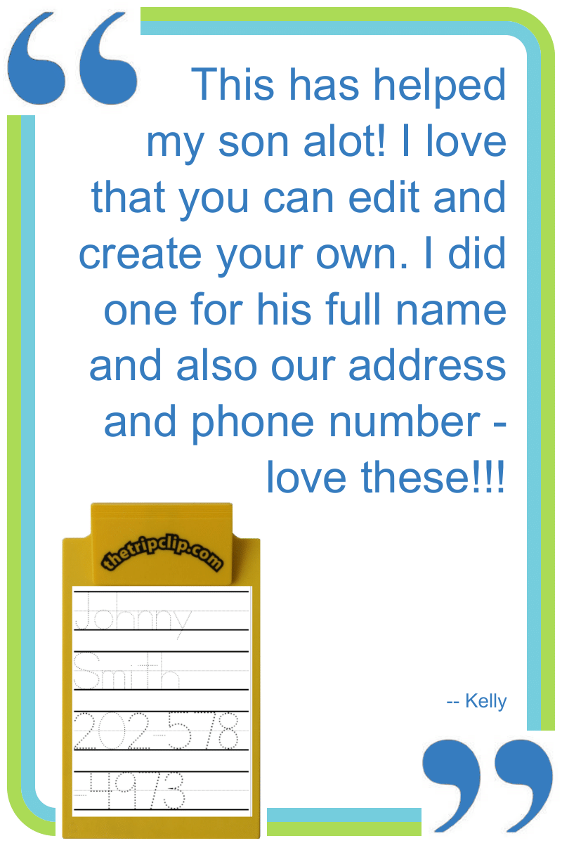 Positive review from a customer (Kelly) who had her son trace his name, address, and phone number