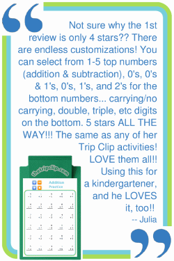 Positive review from customer (Julia) who loved the customized math worksheets
