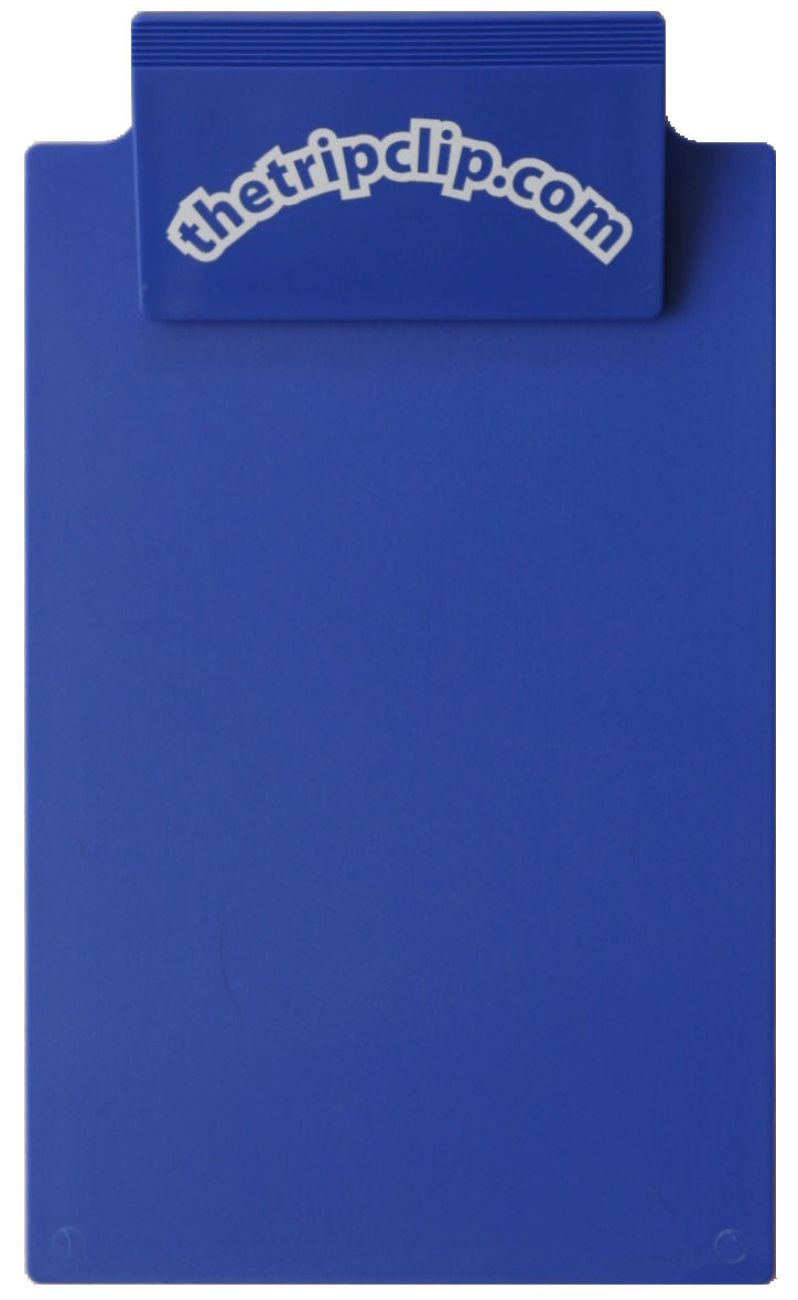 A 6x9 blue clipboard labeled www.thetripclip.com