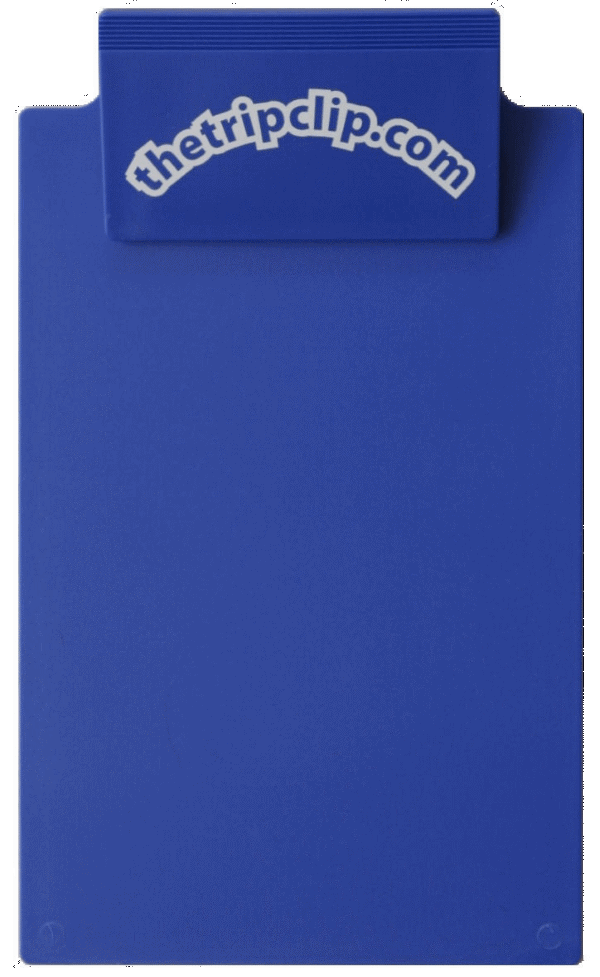 A 6x9 blue clipboard labeled www.thetripclip.com