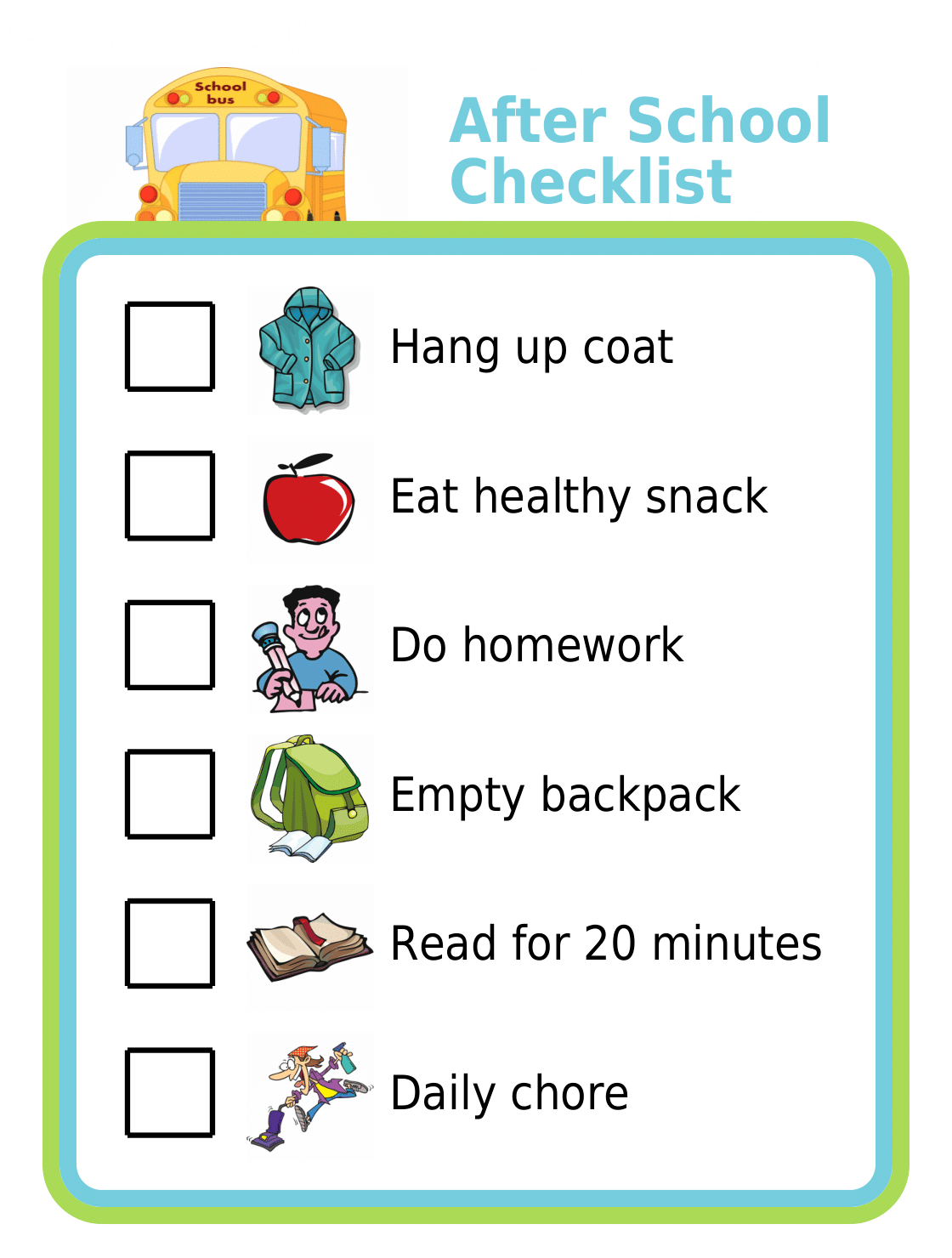 Picture checklist with clipart showing a daily after school checklist for kids