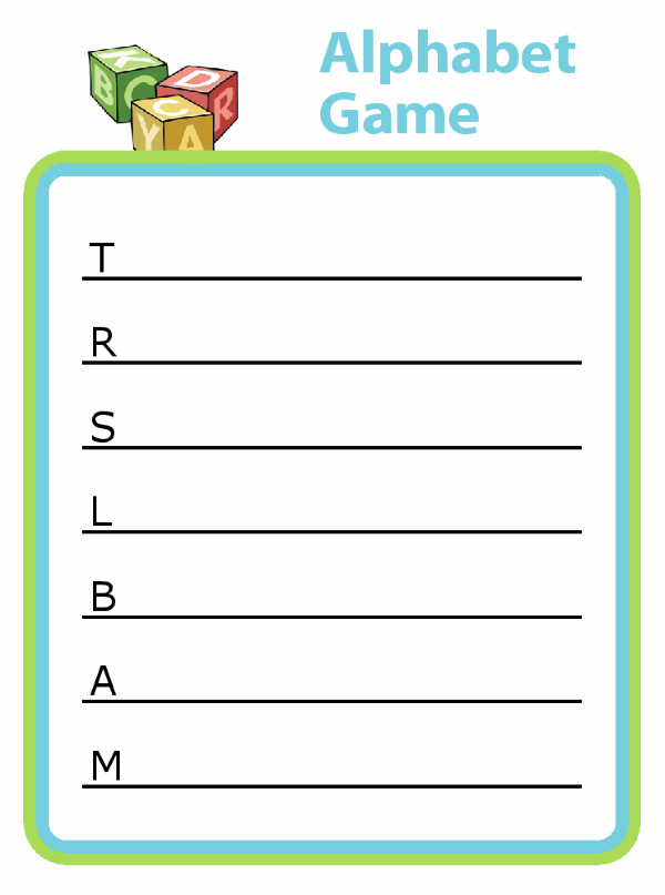 Alphabet Game: Blank lines with a capital letter at the beginning of each.