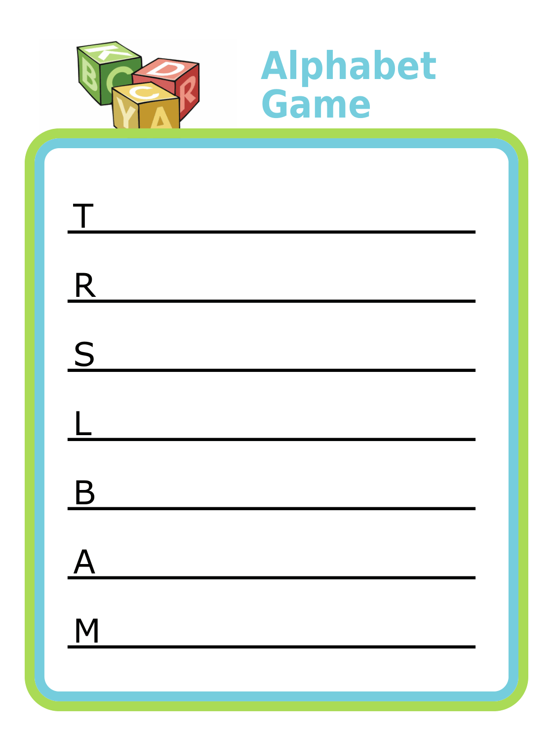 Alphabet Game: Blank lines with a capital letter at the beginning of each.