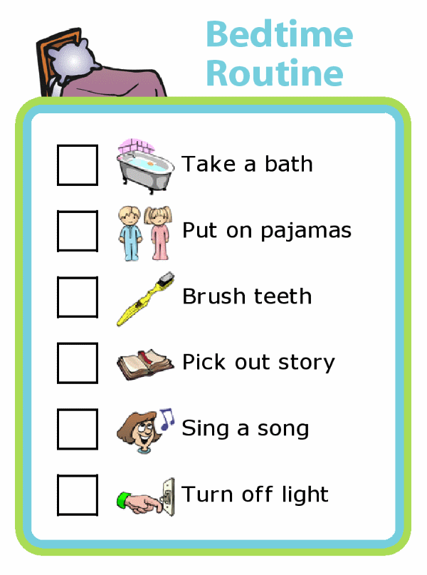 Picture checklist of bedtime routine for kids