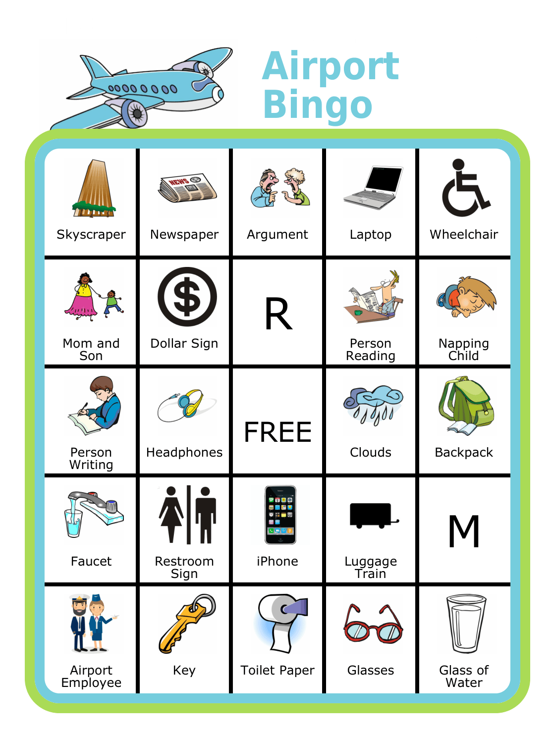Bingo board with airplane at the top and title Airport Bingo