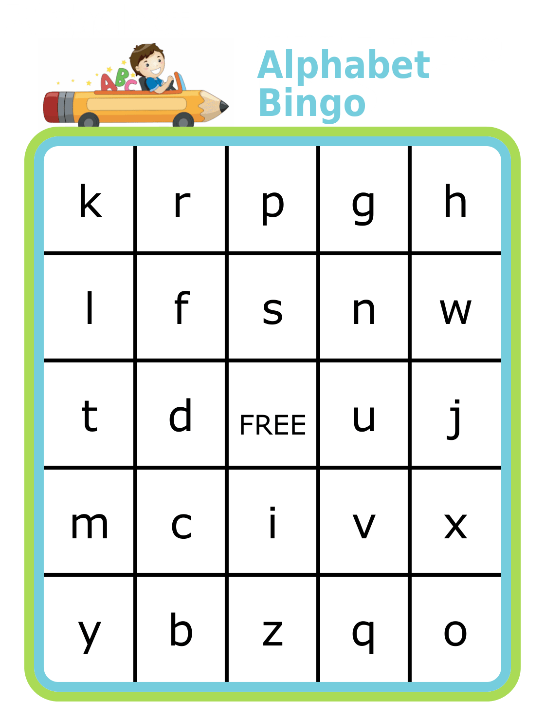 Bingo board with lower case letters in each square
