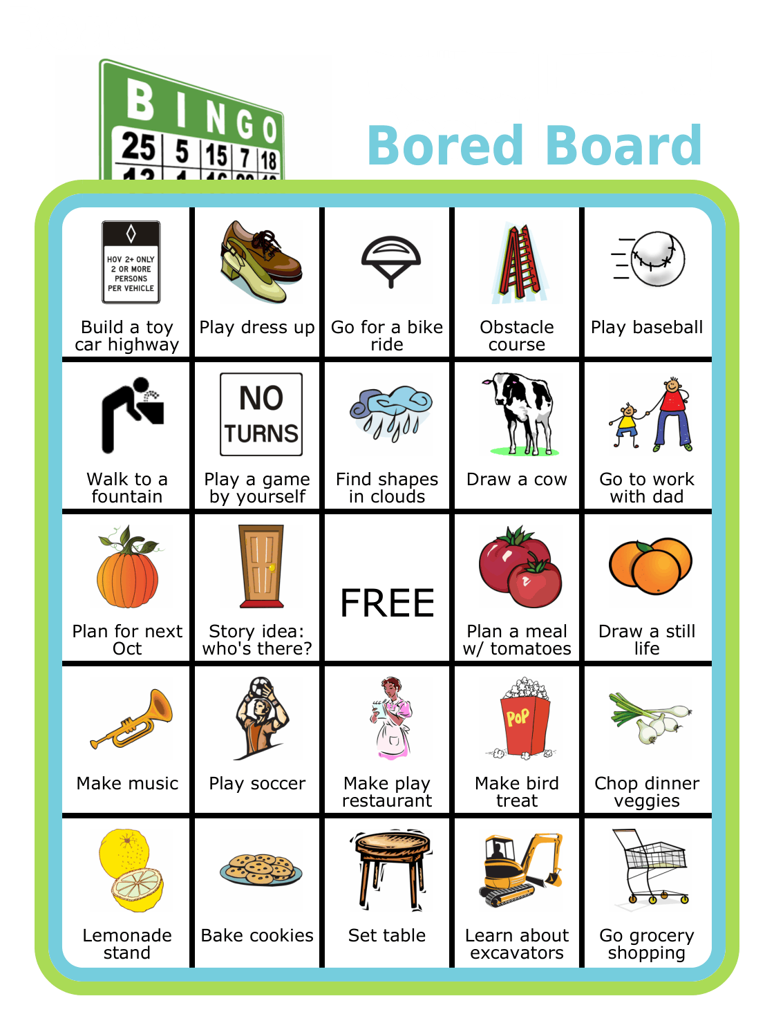 Bingo board with pictures and titled Bingo Bored Board