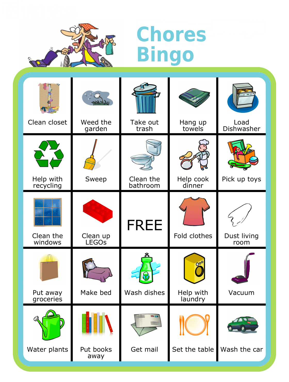 Bingo board titled Chores Bingo with 24 chores for kids, shown on clipboard and iPhone