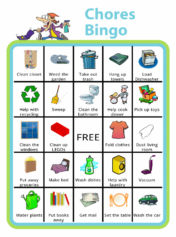 Bingo board with a person frantically cleaning at the top and titled Chores Bingo