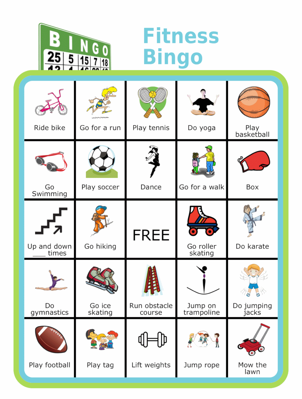 Bingo board showing 24 ways kids can get exercise