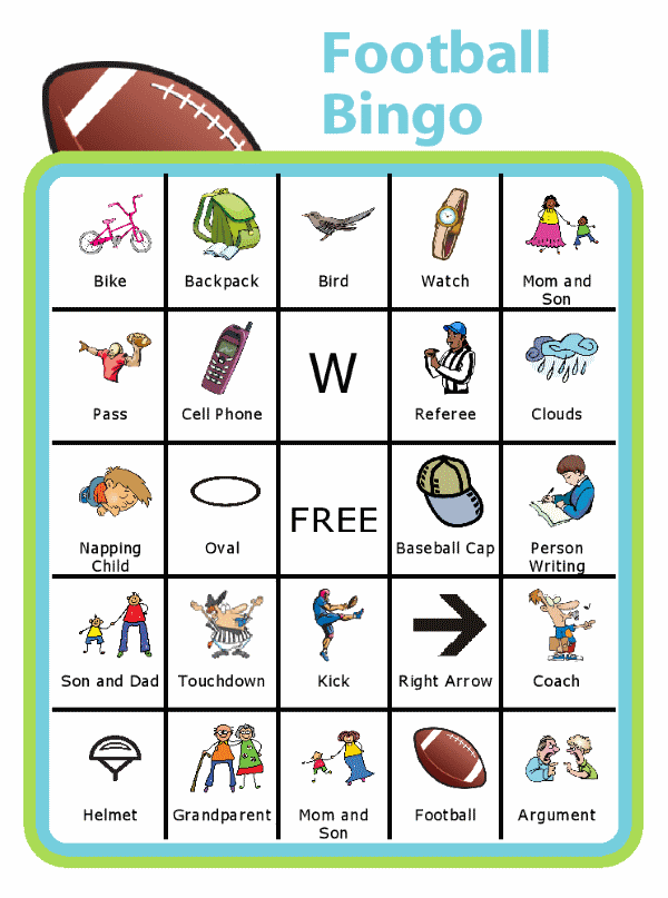Bingo board with football at the top and titled Football Bingo