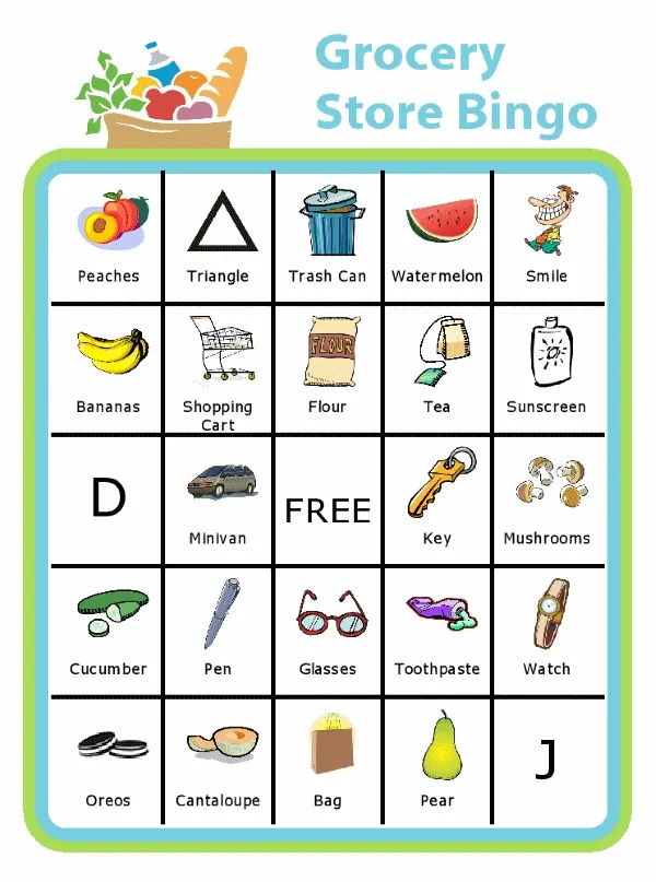 Bingo board with groceries at the top and titled Grocery Store Bingo