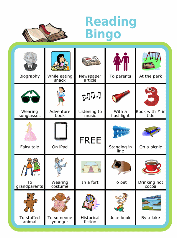 Bingo board with pictures showing Summer Reading ideas