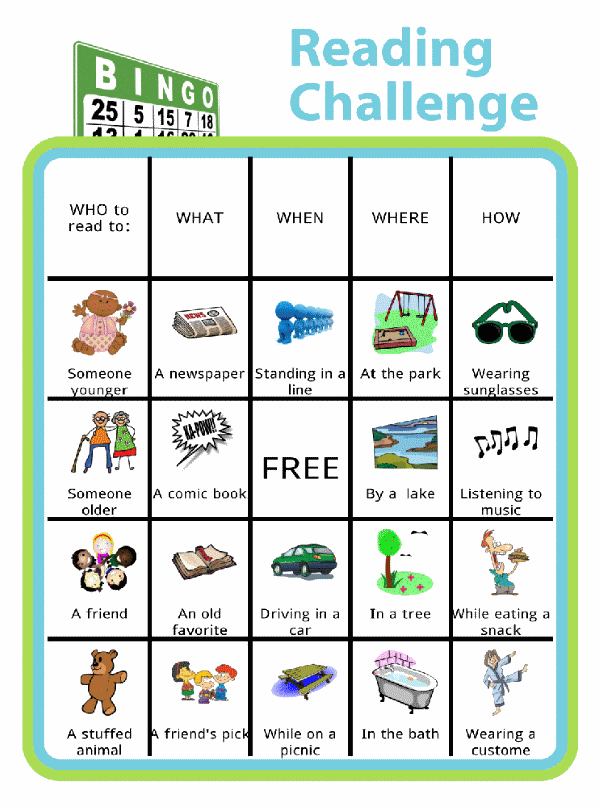Bingo board with pictures showing Summer Reading ideas
