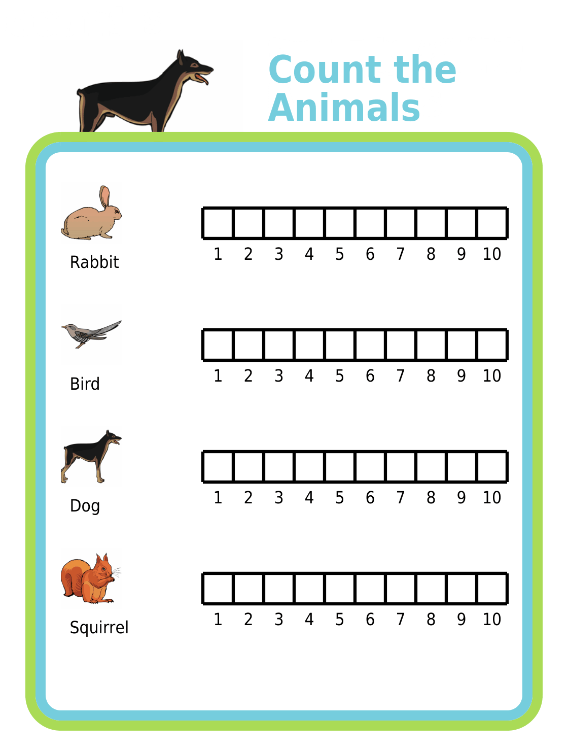 Chart for counting rabbits, birds, dogs, and squirrels while on a neighborhood walk