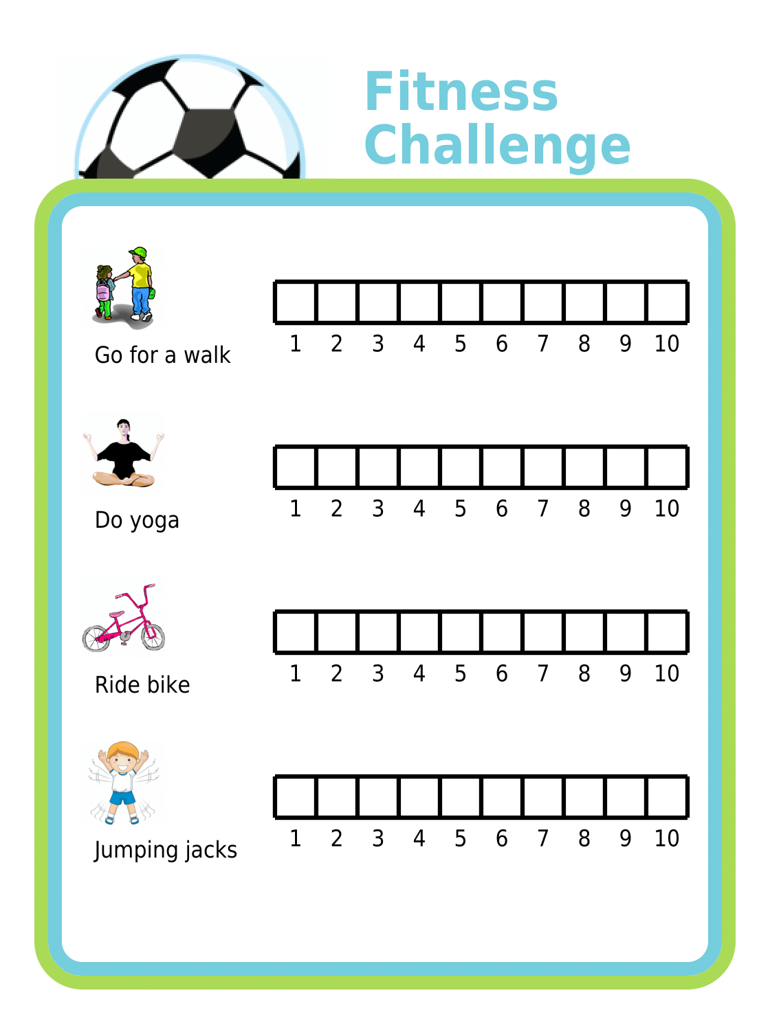 Fitness challenge printable lets you fill in a box each time you do a particular activity