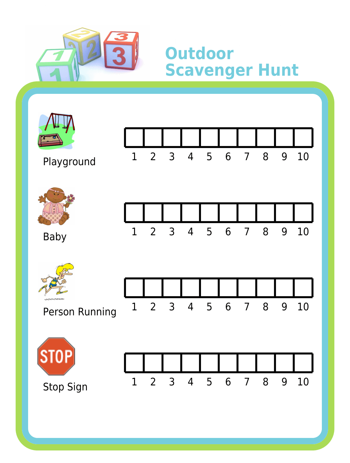 Chart for counting playgrounds, babies, people running, and stop signs while on a neighborhood walk