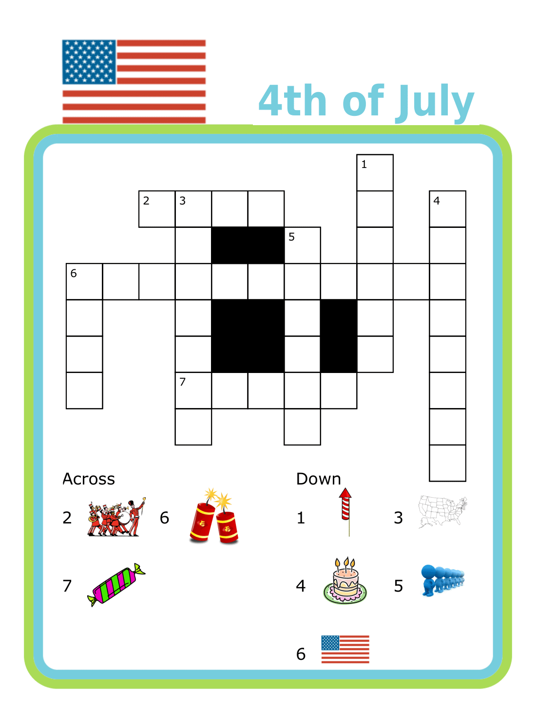 July 4th crossword puzzle with picture clues for kids