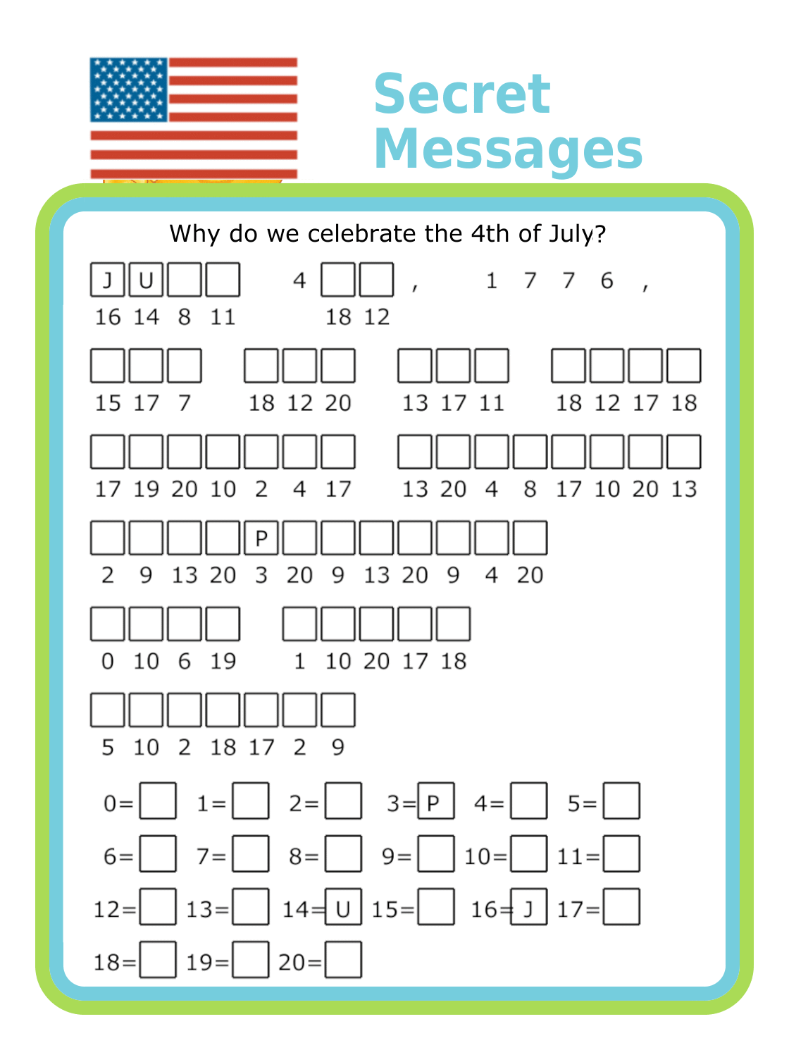 Secret message puzzle with a clue ‘Why do we celebrate the 4th of July?’