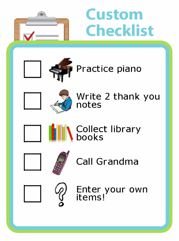 Custom picture checklist for kids that lets you enter your own items