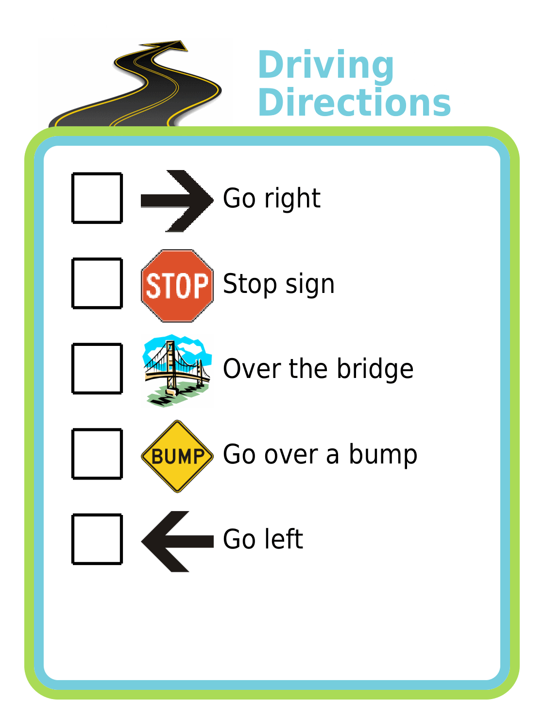 Picture checklist of driving directions for kids