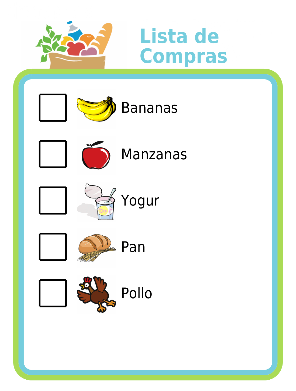 Lista de Compras picture checklist in spanish for grocery shopping