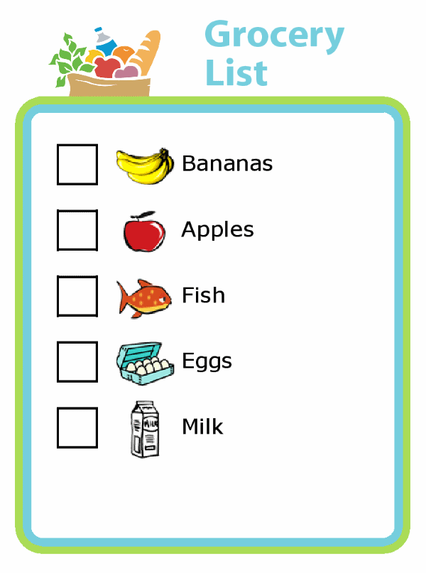 Picture grocery shopping list: bananas, apples, fish, eggs, milk