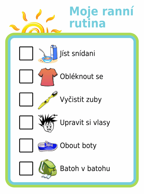 Morning routine picture checklist for kids in czech