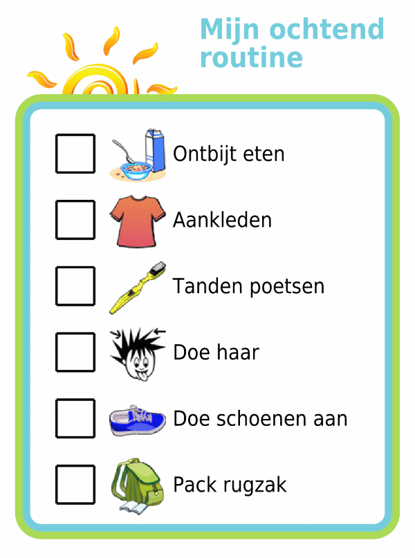 Morning routine picture checklist for kids in dutch