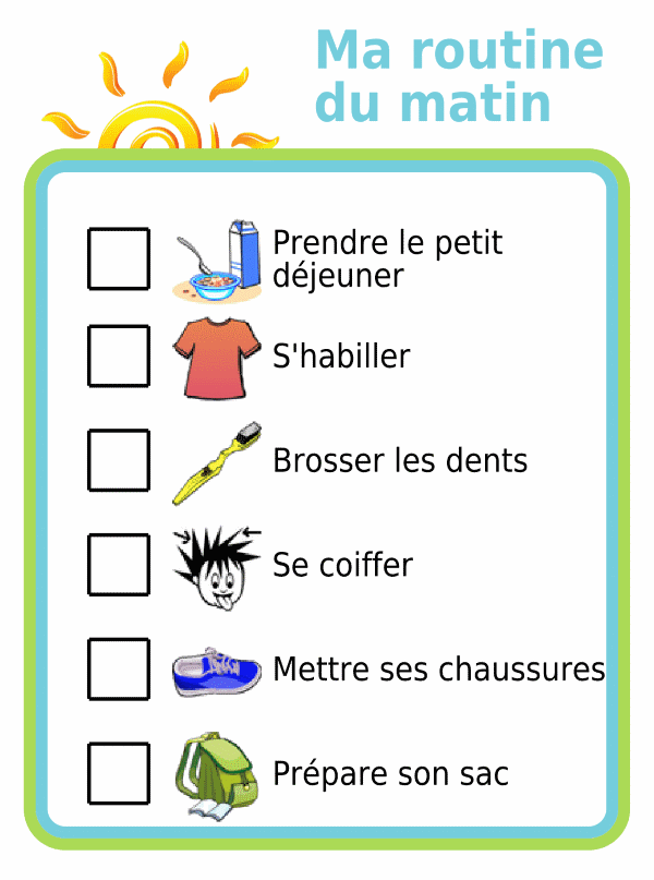 Morning routine picture checklist for kids in french