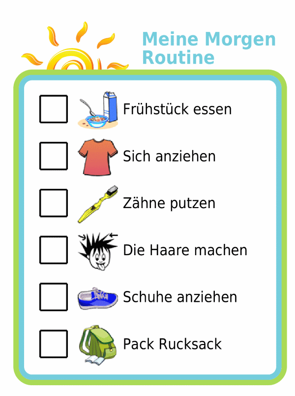Morning routine picture checklist for kids in german