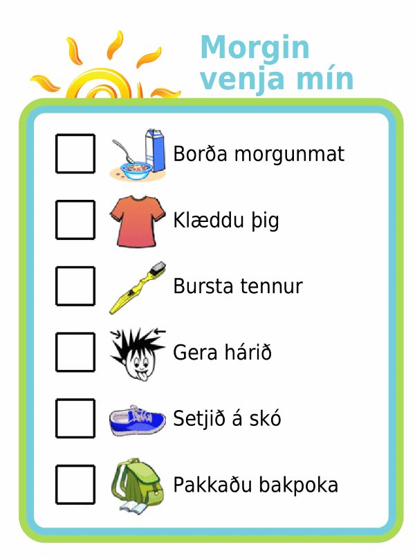 Morning routine picture checklist for kids in icelandic