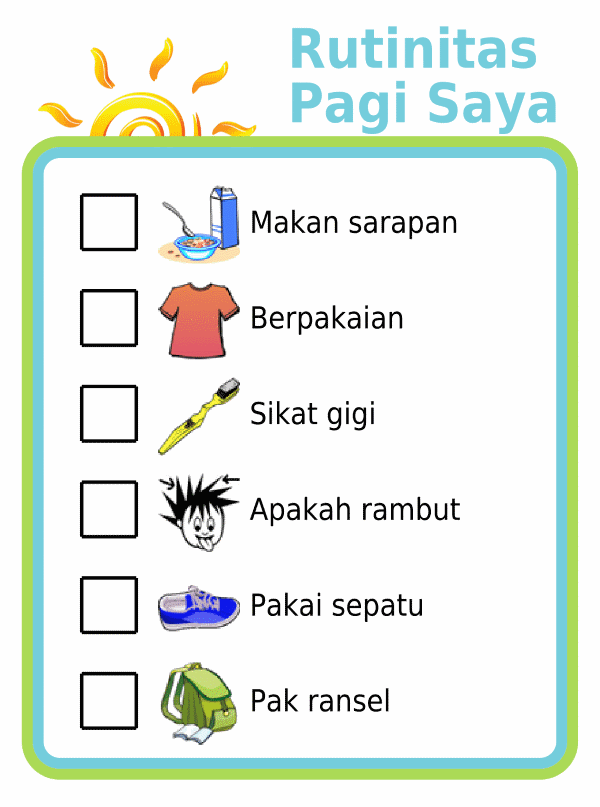 Morning routine picture checklist for kids in indonesian