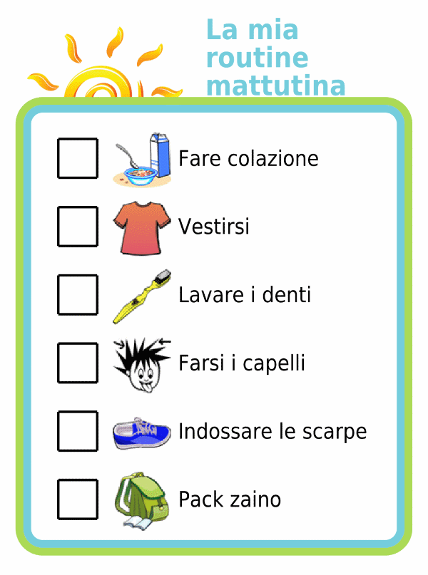 Morning routine picture checklist for kids in italian