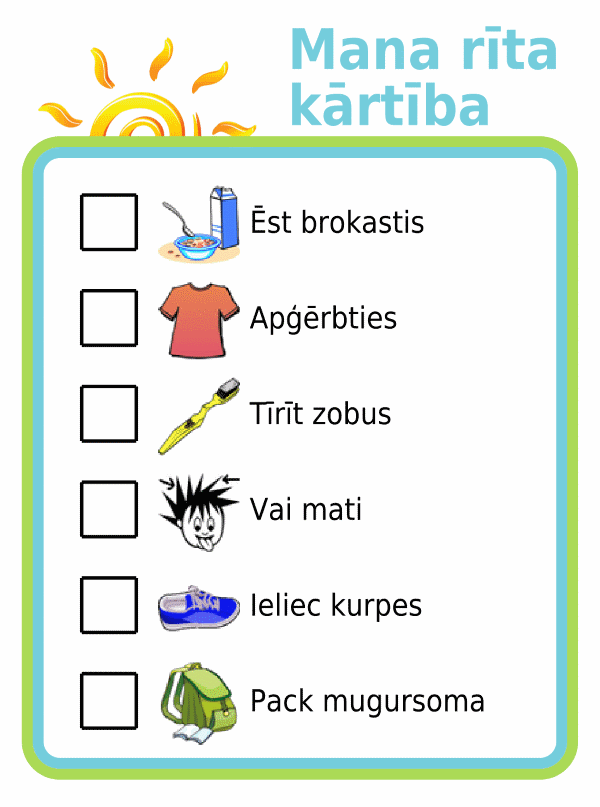 Morning routine picture checklist for kids in latvian